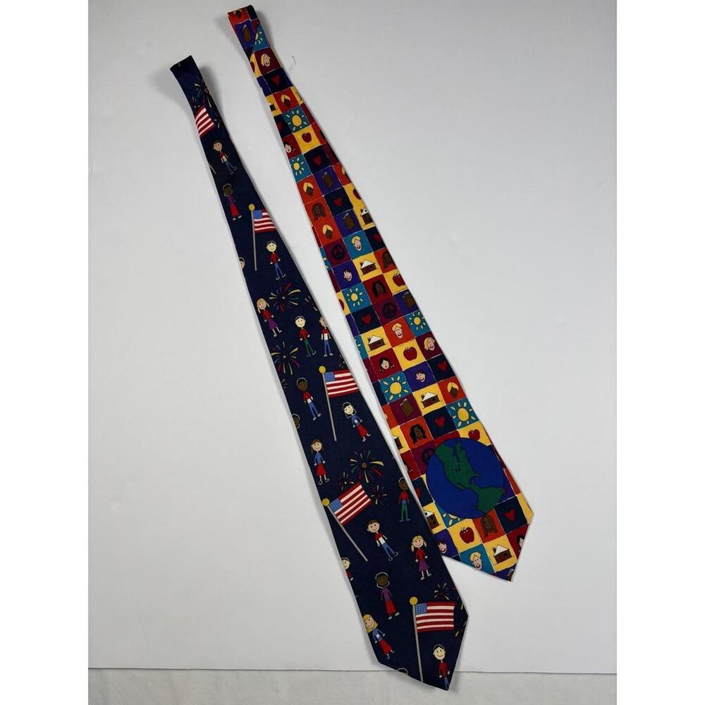 Vintage 2000 Save The Children‎ 100% Silk Novelty Ties Patriotic Folk Art